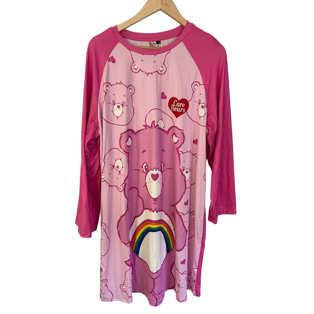 Care Bears Pink Cheer Bear Rainbow Long Sleeve Nightgown Sleep Shirt Large